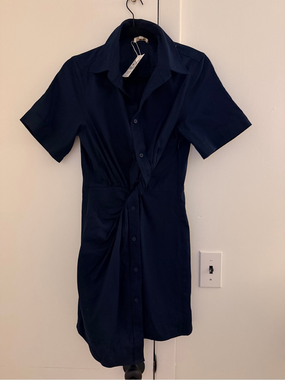Shoshanna Oakley Navy Short-Sleeve Button-Front Twist-Waist Mini Dress